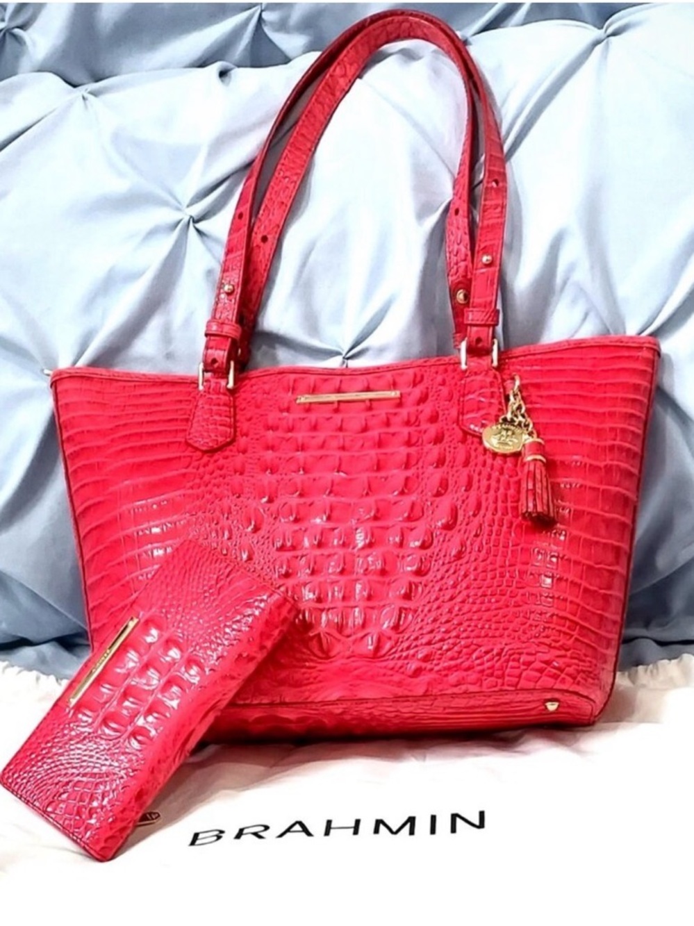 Brahmin Pink Croc-Embossed Leather Tote with Wallet